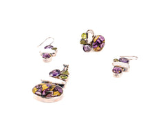 Set Bijuterii din Argint 925 - Cercei, Inel, Pandantiv - Peridot, Ametist, Turcoaz Mov - Marime 8 / Reglabil - Verde ,Alb