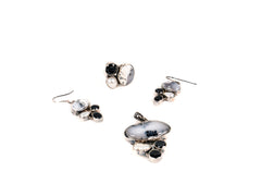 Set Bijuterii din Argint 925 - Cercei, Inel, Pandantiv - Agat Dendritic, Onix - Marime 7 / Reglabil - Alb ,Negru