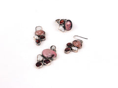 Set Bijuterii din Argint 925 - Cercei, Inel, Pandantiv - Rodocrozit, Granat - Marime 8 / Reglabil - Roz, Rubiniu