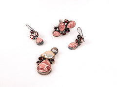 Set Bijuterii din Argint 925 - Cercei, Pandantiv, Inel - Rodocrozit, Granat - Marime 7 - Rosu, Rubiniu
