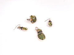 Set Bijuterii din Argint 925 - Cercei, Inel, Pandantiv - Peridot, Cabochon, Citrin - Marime 9 / Reglabil - Negru, Auriu