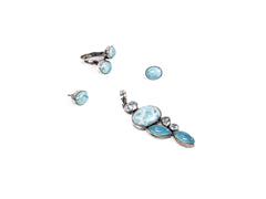 Set Bijuterii din Argint 925 - Cercei, Inel, Pandantiv - Larimar, Aquamarine - Marime 8 / Reglabil - Bleu Inchis, Bleu Deschis