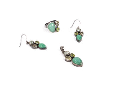 Set Bijuterii din Argint 925 - Cercei, Inel, Pandantiv - Peridot, Calcedonie, Perla Verde - Marime 9 / Reglabil - Inchis, Deschis