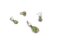 Set Bijuterii din Argint 925 - Cercei, Inel, Pandantiv - Turcoaz Verde - Marime 8 - Verde
