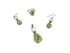 Set Bijuterii din Argint 925 - Cercei, Inel, Pandantiv - Turcoaz Verde - Marime 8 - Verde