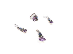 Set Bijuterii din Argint 925 - Cercei, Inel, Pandantiv - Topaz, Cianit - Marime 8 / Reglabil - Albastru