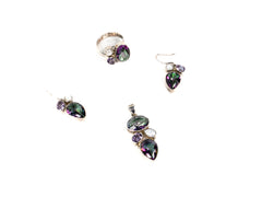 Set Bijuterii din Argint 925 - Cercei, Inel, Pandantiv - Ametist, Perle - Marime 9 / Reglabil - Alb, Verde