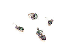 Set Bijuterii din Argint 925 - Cercei, Inel, Pandantiv - Ametist, Perle - Marime 9 / Reglabil - Alb, Verde