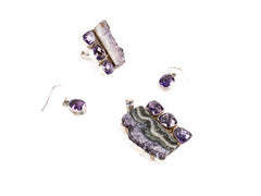 Set Bijuterii din Argint 925 - Cercei, Inel, Pandantiv - Geoda De Ametist - Marime 8 / Reglabil - Violet