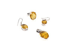 Set Bijuterii din Argint 925 - Cercei, Inel, Pandantiv - Citrin Fatetat - Marime 7,5 - Auriu