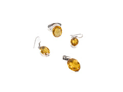 Set Bijuterii din Argint 925 - Cercei, Inel, Pandantiv - Citrin Fatetat - Marime 7,5 - Auriu