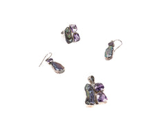 Set Bijuterii din Argint 925 - Cercei, Inel, Pandantiv - Cabochon - Marime 8 / Reglabil - Violet