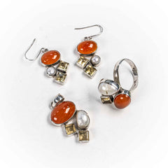 Set Bijuterii STILL Argint 925 - Pandantiv, Inel, Cercei, Carneol si Perle Baroc, Inel Reglabil, Multicolor