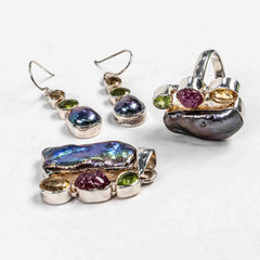 Set Bijuterii STILL Argint 925 - Pandantiv, Inel, Cercei, Perla Baroc Neagra si Pietre Semipretioase, Inel Reglabil, Multicolor