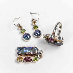 Set Bijuterii STILL Argint 925 - Pandantiv, Inel, Cercei, Perla Baroc Neagra si Pietre Semipretioase, Inel Reglabil, Multicolor