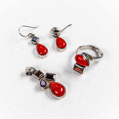 Set Bijuterii STILL Argint 925 - Pandantiv, Inel, Cercei, Coral si Rubin, Inel Reglabil, Rosu
