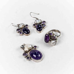 Set Bijuterii STILL Argint 925 - Pandantiv, Inel, Cercei, Ametist si Perla Baroc, Inel Reglabil, Violet