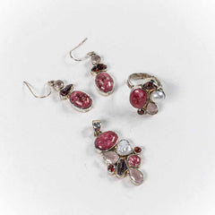 Set Bijuterii STILL Argint 925 - Pandantiv, Inel, Cercei, Rodonit si Pietre Semipretioase, Inel Reglabil, Multicolor