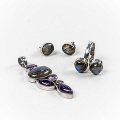 Set Bijuterii STILL Argint 925 - Pandantiv, Inel, Cercei, Labradorit si Ametist, Inel Reglabil, Multicolor