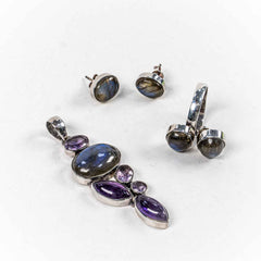 Set Bijuterii STILL Argint 925 - Pandantiv, Inel, Cercei, Labradorit si Ametist, Inel Reglabil, Multicolor