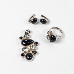 Set Bijuterii STILL Argint 925 - Pandantiv, Inel, Cercei, Onix si Cuart, Inel Reglabil, Negru