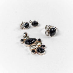 Set Bijuterii STILL Argint 925 - Pandantiv, Inel, Cercei, Onix si Cuart, Inel Reglabil, Negru