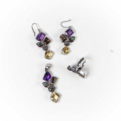 Set Bijuterii STILL Argint 925 - Pandantiv, Inel, Cercei, Cuart Fumuriu si Pietre Semipretioase, Marime Inel 7,5, Multicolor