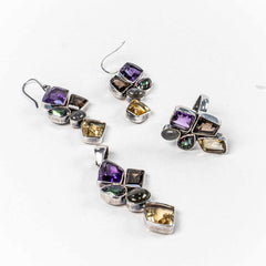 Set Bijuterii STILL Argint 925 - Pandantiv, Inel, Cercei, Cuart Fumuriu si Pietre Semipretioase, Marime Inel 7,5, Multicolor