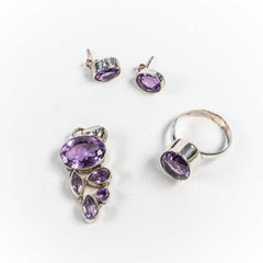 Set Bijuterii STILL Argint 925 - Pandantiv, Inel, Cercei, Ametist, Inel Reglabil, Violet