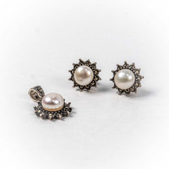 Set Bijuterii STILL Argint 925 - Pandantiv, Cercei, Perle de Cultura si Marcasite, Alb Sidefat