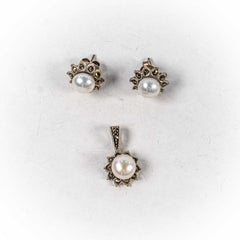 Set Bijuterii STILL Argint 925 - Pandantiv, Cercei, Perle de Cultura si Marcasite, Alb Sidefat