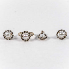 Set Bijuterii STILL Argint 925 - Pandantiv, Inel, Cercei, Perle de Cultura si Marcasite, Marime Inel 8, Alb Sidefat