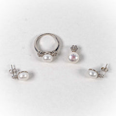 Set Bijuterii STILL Argint 925 - Pandantiv, Inel, Cercei, Perle de Cultura si Marcasite, Marime Inel 7, Alb Sidefat