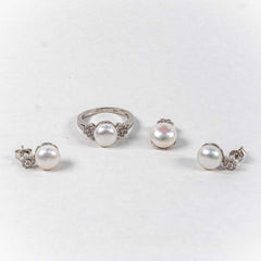 Set Bijuterii STILL Argint 925 - Pandantiv, Inel, Cercei, Perle de Cultura si Zirconia, Marime Inel 8, Alb Sidefat