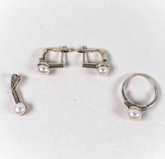 Set Bijuterii STILL Argint 925 - Pandantiv, Inel, Cercei, Perle de Cultura si Zirconia, Marime Inel 8, Alb Sidefat