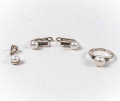 Set Bijuterii STILL Argint 925 - Pandantiv, Inel, Cercei, Perle de Cultura si Marcasite, Marime Inel 7, Alb Sidefat