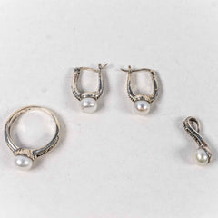 Set Bijuterii STILL Argint 925 - Pandantiv, Inel, Cercei, Perle de Cultura si Marcasite, Marime Inel 7, Alb Sidefat