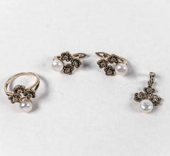 Set Bijuterii STILL Argint 925 - Pandantiv, Inel, Cercei, Perle de Cultura si Marcasite, Marime Inel 7, Alb Sidefat