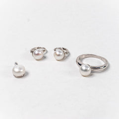 Set Bijuterii STILL Argint 925 - Pandantiv, Inel, Cercei, Perla de Cultura si Zirconia, Marime Inel 8, Alb sidefat