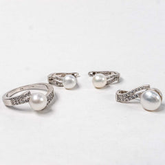 Set Bijuterii STILL Argint 925 - Pandantiv, Inel, Cercei, Perla de Cultura si Zirconia, Marime Inel 8, Alb sidefat