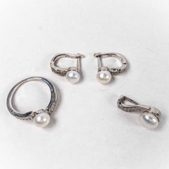 Set Bijuterii STILL Argint 925 - Pandantiv, Inel, Cercei, Perla de Cultura si Zirconia, Marime Inel 8, Alb sidefat