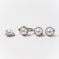 Set Bijuterii STILL Argint 925 - Pandantiv, Inel, Cercei, Perla de Cultura si Zirconia, Marime Inel 8,5, Alb sidefat