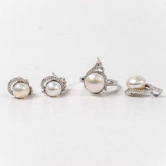 Set Bijuterii STILL Argint 925 - Pandantiv, Inel, Cercei, Perla de Cultura si Zirconia, Marime Inel 8, Alb sidefat