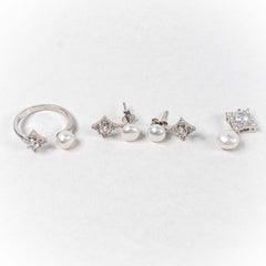 Set Bijuterii STILL Argint 925 - Pandantiv, Inel, Cercei, Perla de Cultura si Zirconia, Marime Inel 8, Alb sidefat