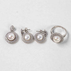 Set Bijuterii STILL Argint 925 - Pandantiv, Inel, Cercei, Perla de Cultura si Zirconia, Marime Inel 8, Alb sidefat