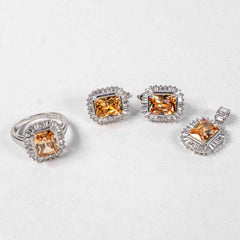 Set Bijuterii STILL Argint 925 - Pandantiv, Inel, Cercei, Morganit si Zirconia, Marime Inel 6, Piersiciu