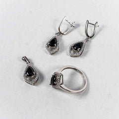 Set Bijuterii STILL Argint 925 - Pandantiv, Inel, Cercei, Zirconia, Marime Inel 7, Negru