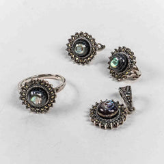 Set Bijuterii STILL Argint 925 - Pandantiv, Inel, Cercei, Sidef Paua si Marcasite, Marime Inel 7, Multicolor