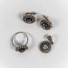 Set Bijuterii STILL Argint 925 - Pandantiv, Inel, Cercei, Sidef Paua si Marcasite, Marime Inel 7, Multicolor