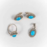 Set Bijuterii STILL Argint 925 - Pandantiv, Inel, Cercei, Turcoaz si Marcasite, Marime Inel 7, Albastru
